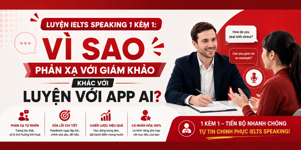 Luyện IELTS Speaking 1 Kèm 1: Vì Sao Phản Xạ Với Giám Khảo Khác Với Luyện Với App AI? Luyện IELTS Speaking 1 Kèm 1: Vì Sao Phản Xạ Với Giám Khảo Khác Với Luyện Với App AI?